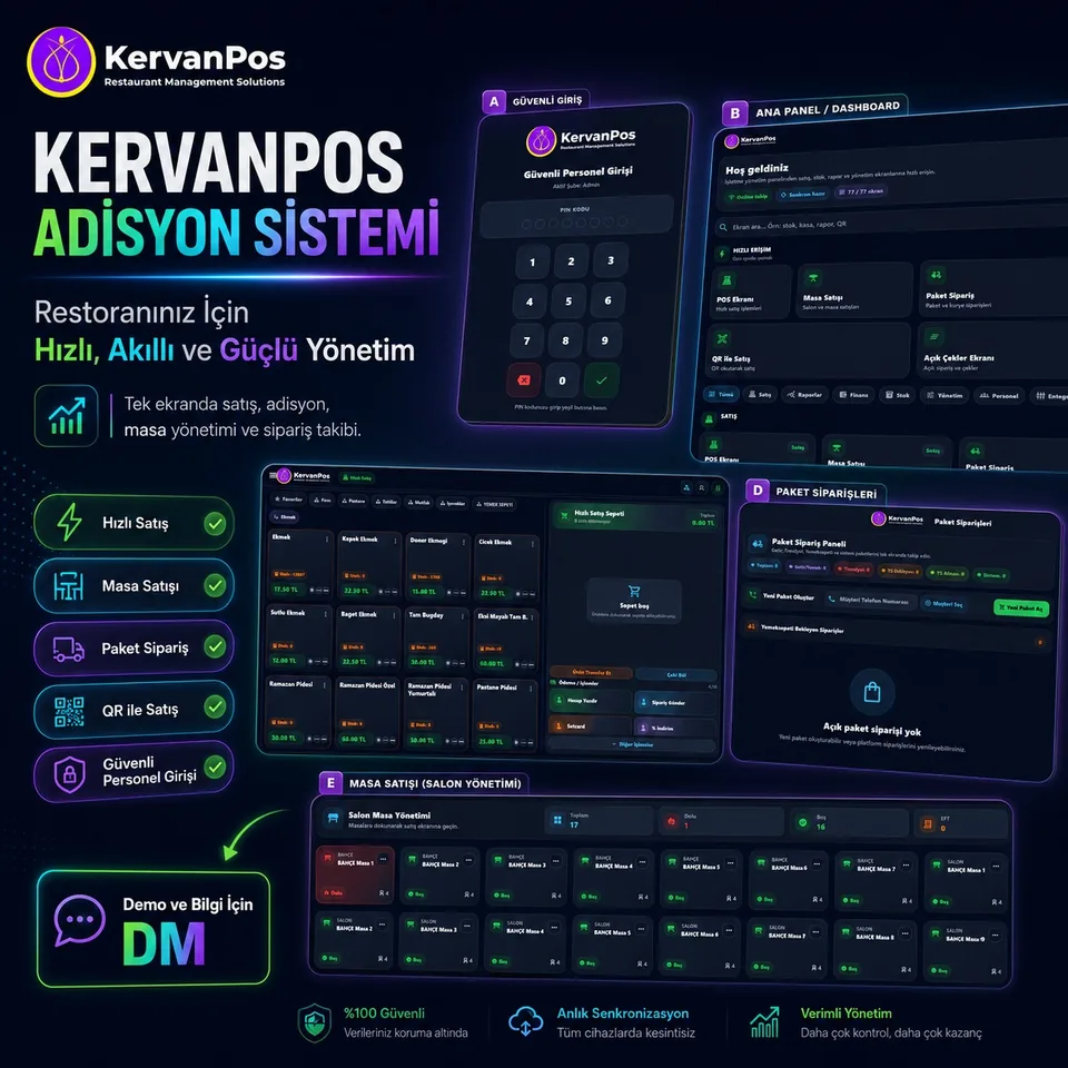 KervanPOS restoran masa takip, sipariş ve yönetim ekranları